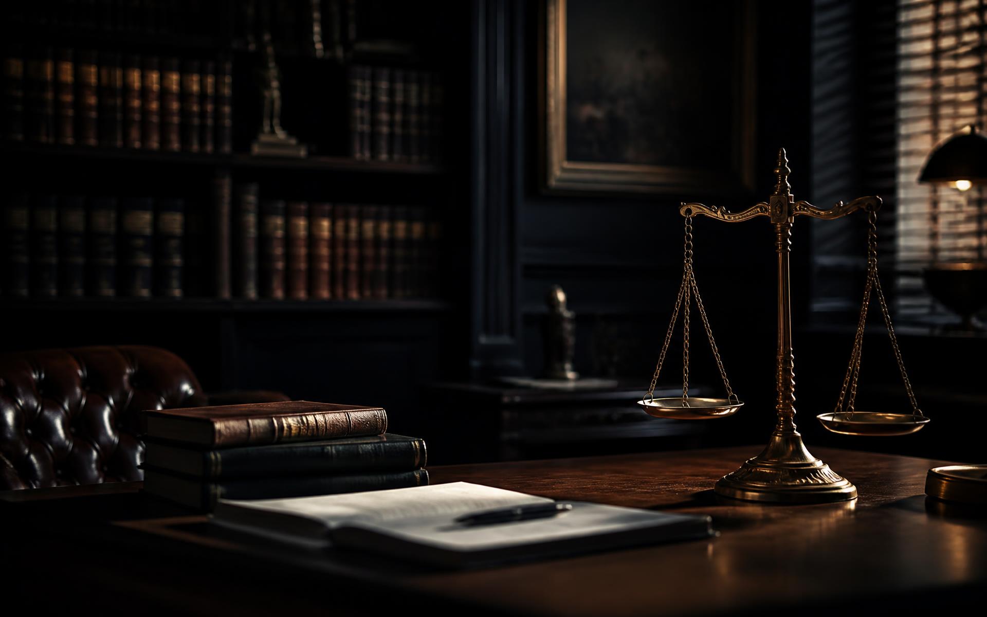 Law office desk with scales of justice and legal texts