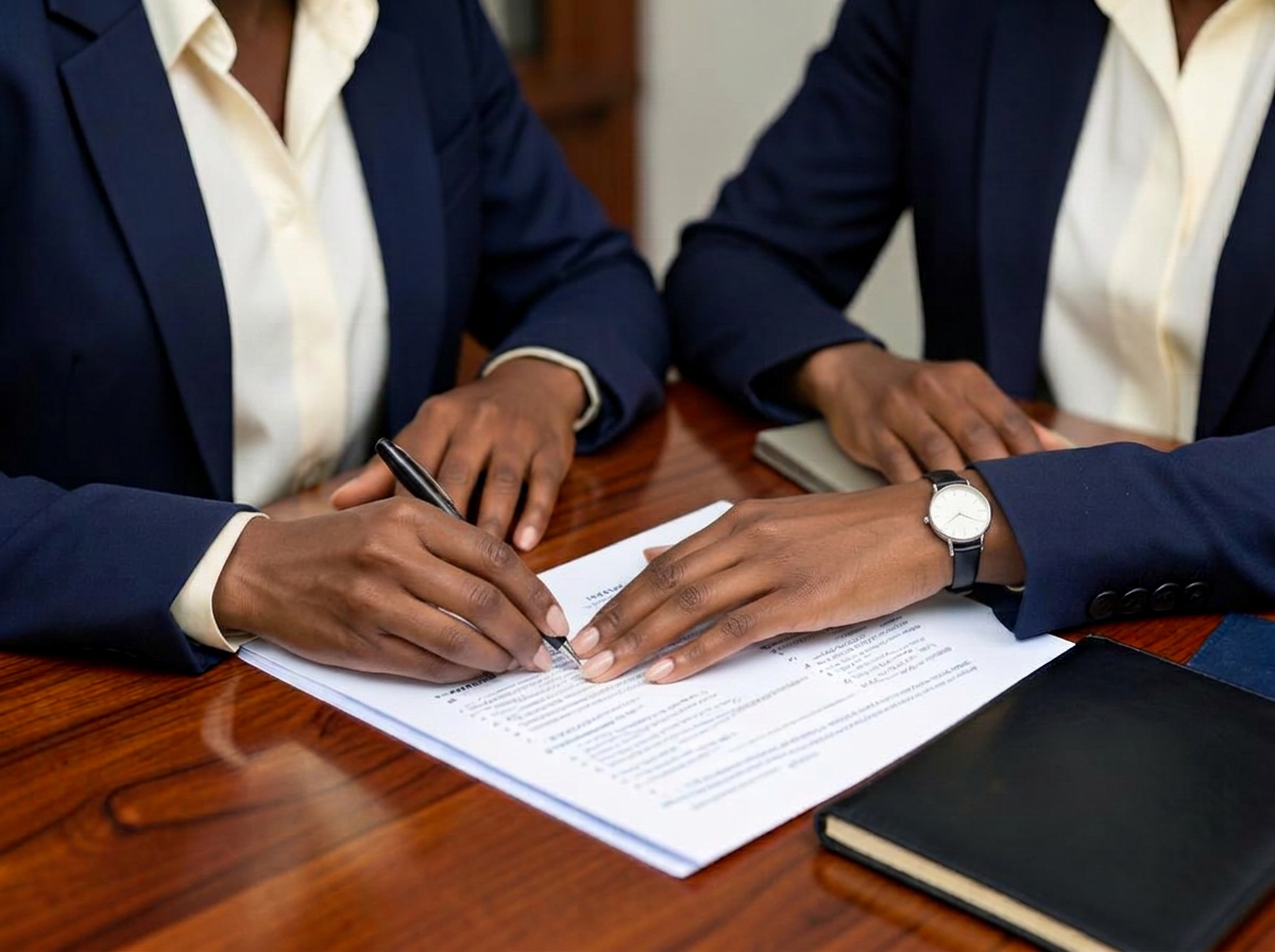 Black women's hands discussing contract documents across a boardroom table