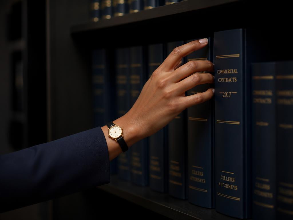 Black woman's hand reaching for a labelled contract binder on an office shelf